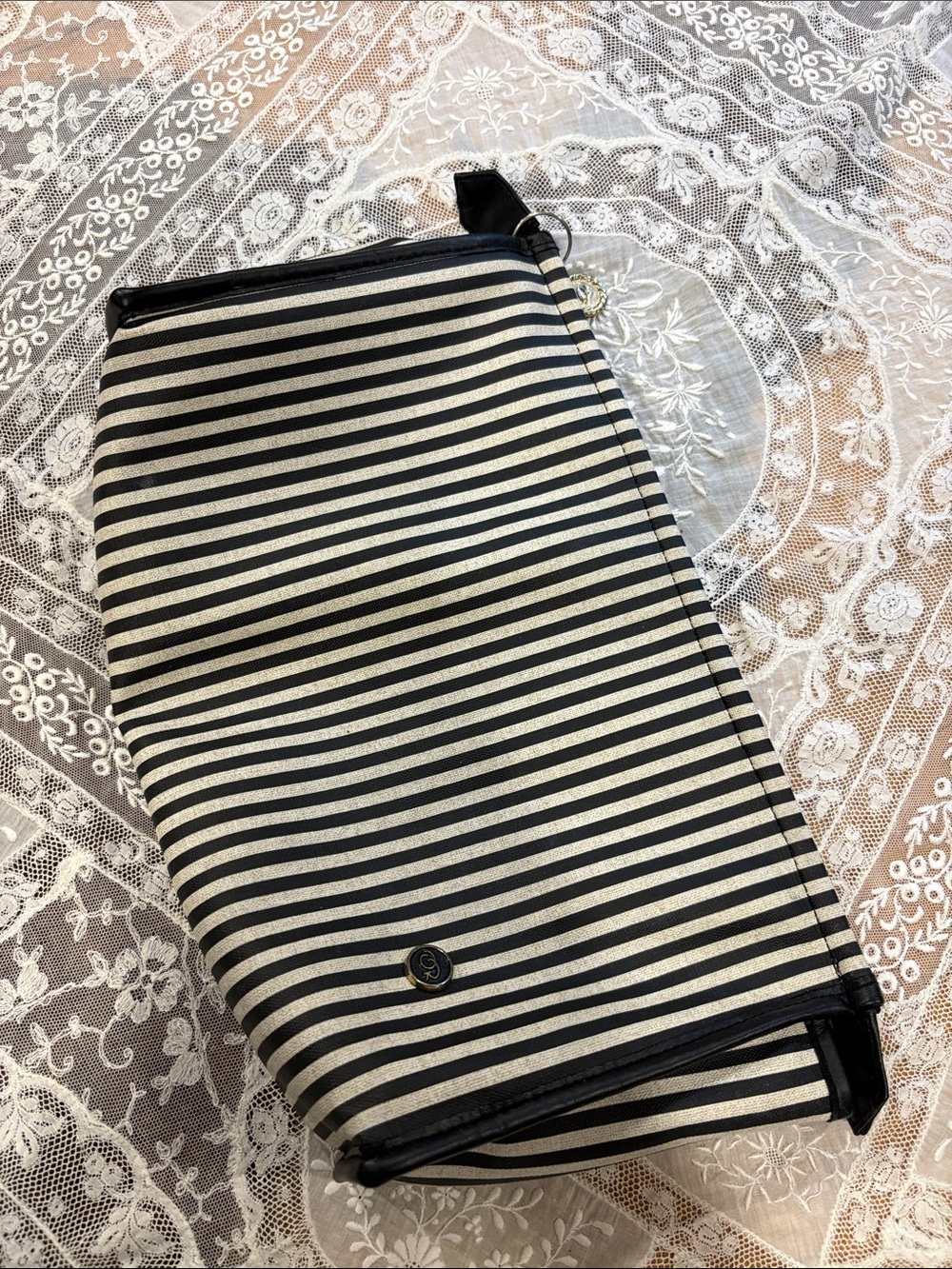 Oscar de la Renta Black and White Striped Cosmetic Pouch